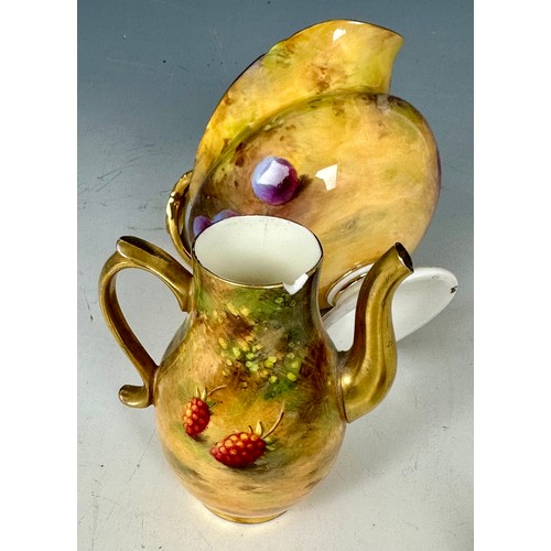 70 - ROYAL WORCESTER CREAM JUG, HAND PAINTED WITH FALLEN FRUIT (no backstamp) TOGETHER WITH A MINIATURE C... 