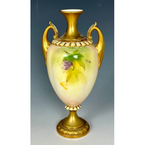 71 - ROYAL WORCESTER TWO HANDLED PEDESTAL URN VASE, SHAPE H313, DECORATED WITH LILAC FLOWERS AND SIGNED K... 