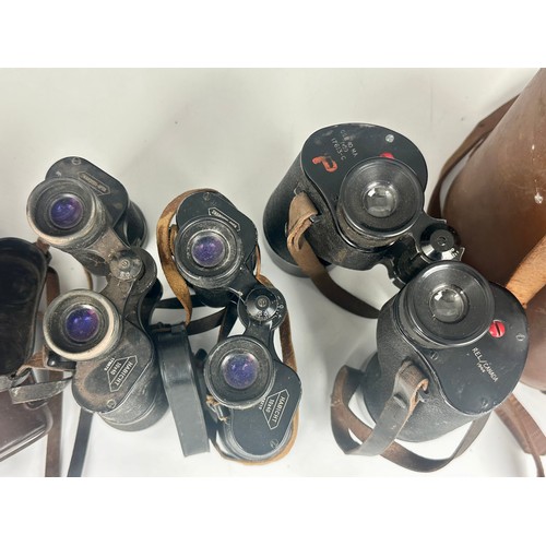 140 - MILITARY AND OTHER BINOCULARS INC. CANADIAN MILITARY MARKED WITH CROWS FOOT AND 2 PAIRS OF HIGH QUAL... 