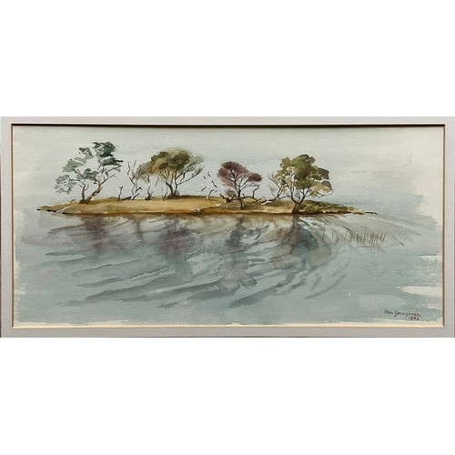 9 - NAN YOUNGMAN (1906-1995) WATERCOLOUR DEPICTING TREES ON AN ISLAND, DATED 1963, APPROX. 49 X 23 cm