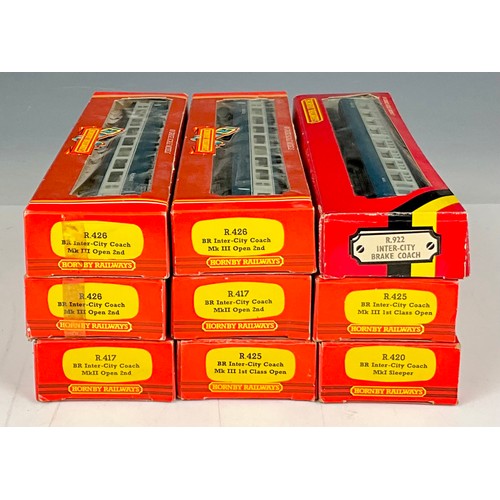 383 - HORNBY MK 1, 2, 3 COACHES, 9 BOXED INC. R425 MK3 FO X2, R426 X3 SO, R417 MK2 SO X2, R922 MK2 BSO,  R... 