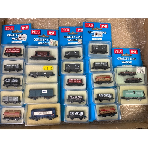 331 - N GAUGE MODEL RAILWAY ROLLING STOCK, PECO PLASTIC BOXED QUALITY LINE WAGONS 21 IN TOTAL, PRIVATE OWN... 