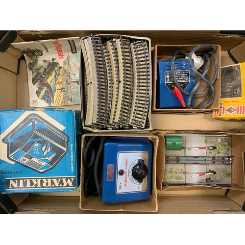 243 - MARKLIN TWO BOXED TRAYS OF MARKLIN TRACK, ACCESSORIES, POINTS, CONTROLLERS & LEVEL CROSSING