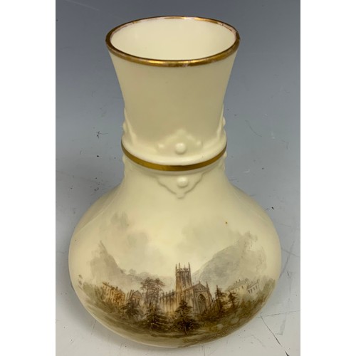 120 - 19th CENTURY PORCELAIN  3 GRAINGER WORCESTER  VASES DECORATED WITH CHURCHES INC MALVERN ABBEY TALLES... 