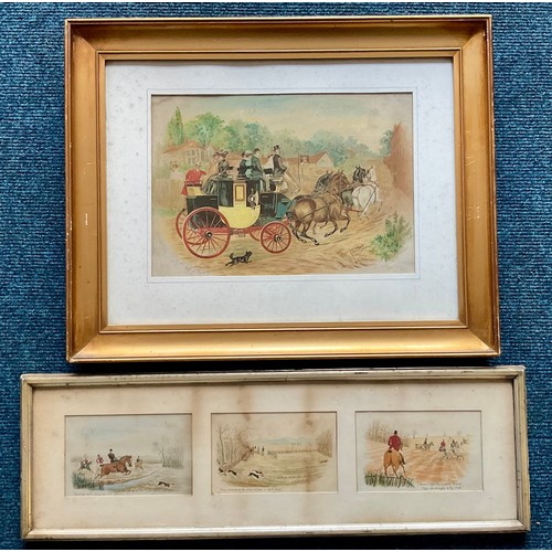 40 - F CECIL BOULT LITHOGRAPH DEPICTING A STAGECOACH TOGETHER WITH THREE FRAMED HUNTING PICTURES