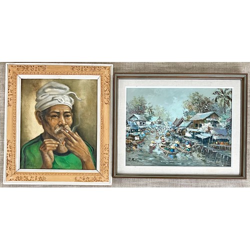 11 - FRAMED OIL ON CANVAS DEPICTING AN ASIAN RIVER SCENE T/W AN OIL ON CANVAS OF AN ASIAN MAN SMOKING IN ... 