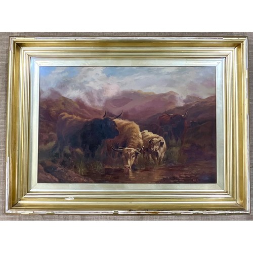 10 - OIL ON CANVAS DEPICTING HIGHLAND CATTLE WITH MONOGRAM GMC DATED 1913. Approx. 60 x 39cm