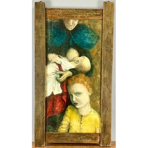 16 - LARGE RUSTIC FRAMED UNUSUAL OIL ON BOARD DEPICTING A NURSING MOTHER AND CHILDREN. PAM HAWKES 1995. 1... 