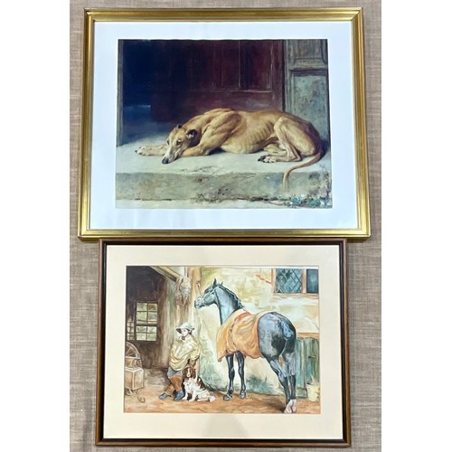 38 - GREYHOUND PRINT 48 x 40cm AND HORSE AND FIGURE WATERCOLOUR 42 x 32cm