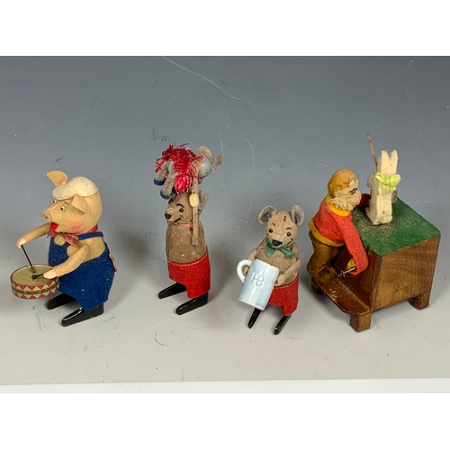 185 - SCHUCO CLOCKWORK TINPLATE PIG WITH FELT COSTUME, PLAYING A DRUM, TWO POSSIBLY SCHUCO C/W BEARS, WITH... 