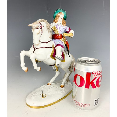 97 - VINTAGE WALLENDORF CONTINENTAL PORCELAIN MODEL OF A CAVALIER ON REARING HORSE 24cm TALL