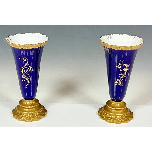 108 - 2 ROYAL WORCESTER VASES, TRUMPET SHAPED WITH FLARED LIP, HANDPAINTED PEACOCK DECORATION G706. Height... 