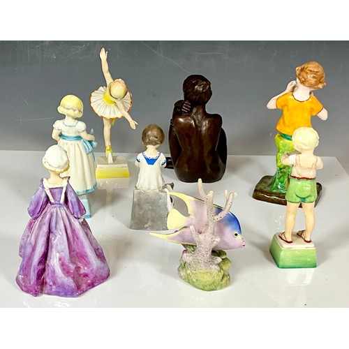 130 - MISCELLANEOUS ROYAL WORCESTER FIGURES AND ONE OTHER BRONZED FIGURE OF A SEATED NAKED LADY WITH D.J. ... 