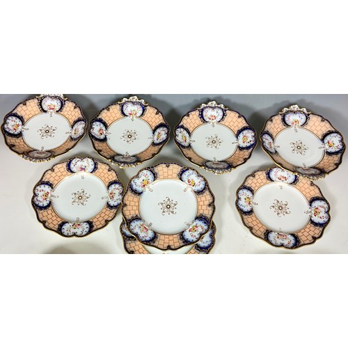 155 - PART DESSERT SERVICE WITH FLORAL PANEL DECORATION TOGETHER WITH A QTY. COALPORT PLATES