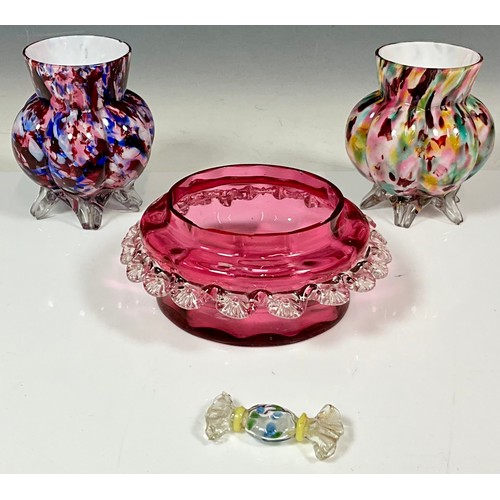 213 - 2 ART GLASS VASES, CRANBERRY BONBON DISH AND GLASS SWEET