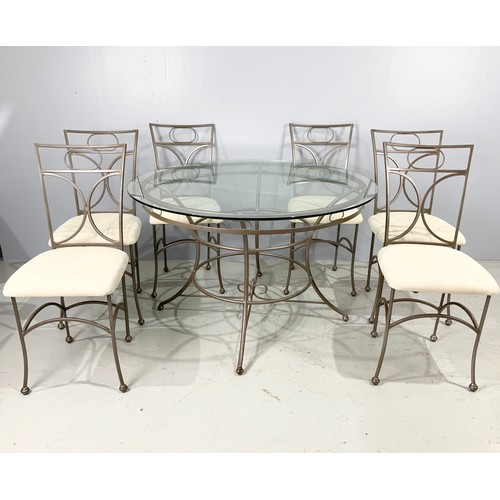 525 - GLASS ROUND TOP CONSERVATORY TABLE  120cm DIAMETER AND SIX MATCHING CHAIRS – EX HOLLOWAYS