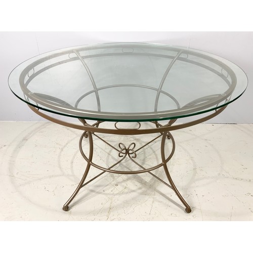 525 - GLASS ROUND TOP CONSERVATORY TABLE  120cm DIAMETER AND SIX MATCHING CHAIRS – EX HOLLOWAYS