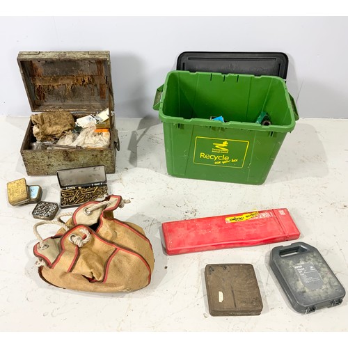 501 - POSSIBLY MILITARY WOODEN BOX WITH MISC. TOOL AND ACCESSORY CONTENTS TOGETHER WITH GREEN PLASTIC BOX ... 