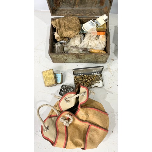 501 - POSSIBLY MILITARY WOODEN BOX WITH MISC. TOOL AND ACCESSORY CONTENTS TOGETHER WITH GREEN PLASTIC BOX ... 