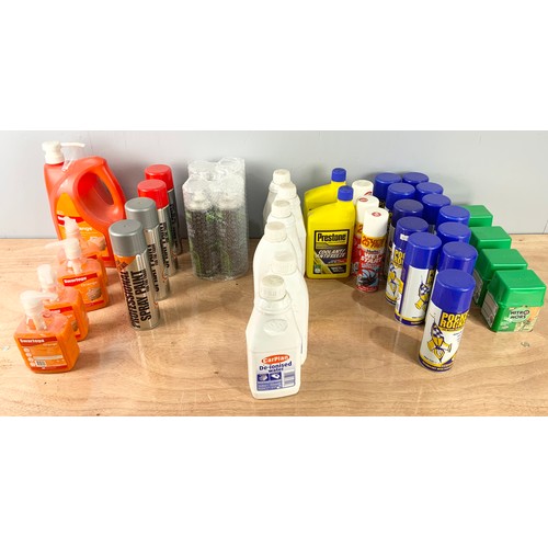 469 - LARGE QUANTITY SEALED CLEANING PRODUCTS, PAINTS , DE IONISED WATER, NITRO MORS ETC