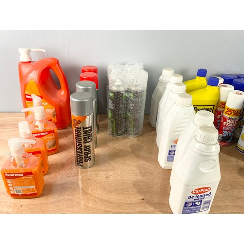 469 - LARGE QUANTITY SEALED CLEANING PRODUCTS, PAINTS , DE IONISED WATER, NITRO MORS ETC