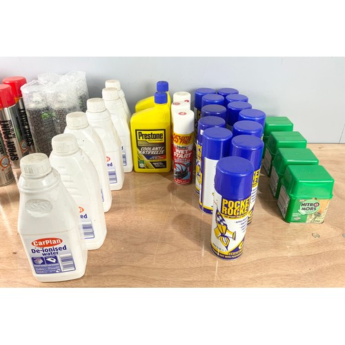 469 - LARGE QUANTITY SEALED CLEANING PRODUCTS, PAINTS , DE IONISED WATER, NITRO MORS ETC