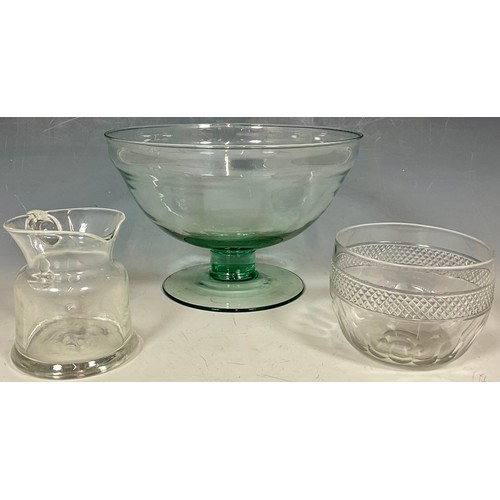 220 - LARGE BLOWN GLASS PEDESTAL BOWL, RINSING BOWL AND GLASS JUG WITH GROUND PONTILL