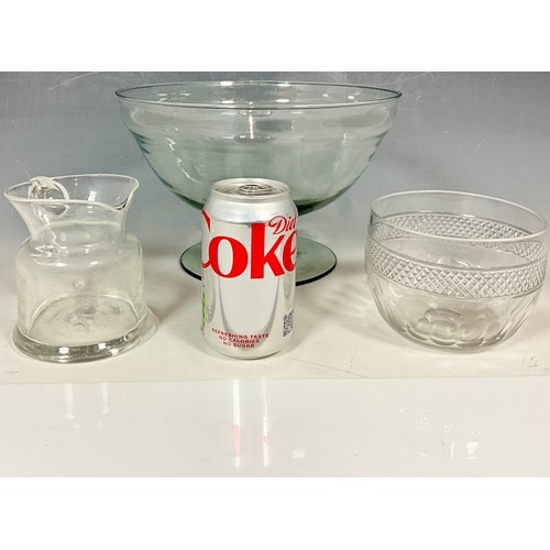 220 - LARGE BLOWN GLASS PEDESTAL BOWL, RINSING BOWL AND GLASS JUG WITH GROUND PONTILL