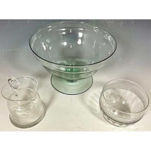 220 - LARGE BLOWN GLASS PEDESTAL BOWL, RINSING BOWL AND GLASS JUG WITH GROUND PONTILL