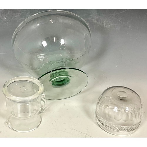 220 - LARGE BLOWN GLASS PEDESTAL BOWL, RINSING BOWL AND GLASS JUG WITH GROUND PONTILL