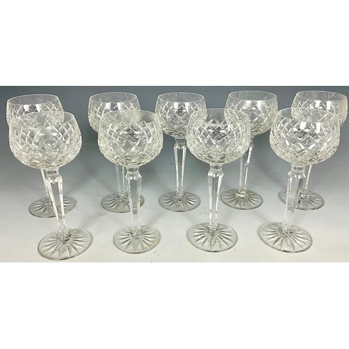 223 - SET OF 9 WINE GLASSES WITH HEXAGONAL STEMS, POSSIBLY WATERFORD