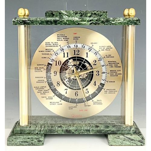 251 - GREEN MARBLE MOUNTED QUARTZ GMT MANTEL CLOCK WITH TIME ZONES