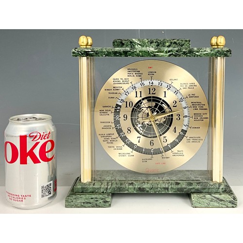 251 - GREEN MARBLE MOUNTED QUARTZ GMT MANTEL CLOCK WITH TIME ZONES