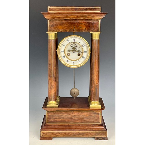 236 - PORTICO CLOCK WITH ENAMELLED DIAL, EIGHT DAY MOVEMENT COMPLETE WITH PENDULUM