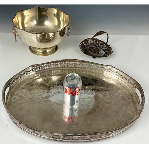 297 - PLATED BOWL AND PIERCED BASKET AND AN OVAL GALLERIED TRAY