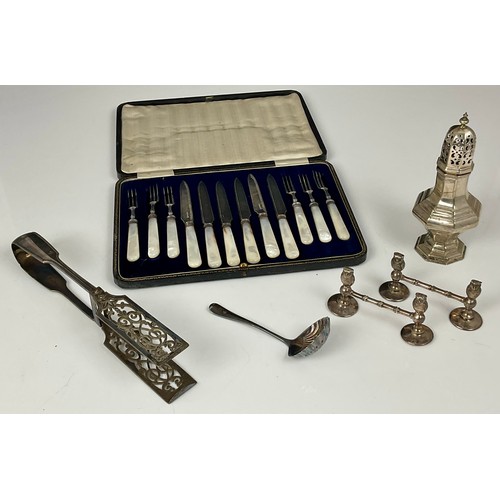 287 - CASED SET OF MOTHER OF PEARL HANDLED KNIVES AND FORKS, PR. OWL KNIFE RESTS, ASPARAGUS TONGS, OCTAGON... 