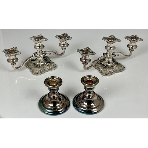 302 - PR. SILVER PLATED 3 BRANCH CANDELABRA AND PR. SILVER PLATED CANDLESTICKS