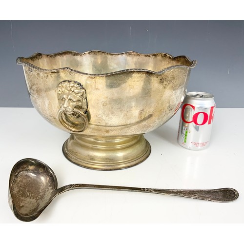 295 - LARGE SILVER PLATED PUNCH BOWL, 32cm DIAMETER, WITH LION MASK RING HANDLES , ASSOCIATED LADLE & A LA... 