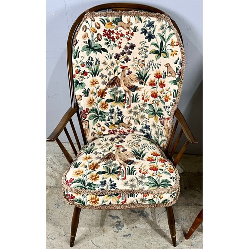 697 - ERCOL ELBOW CHAIR WITH CRINOLINE STRETCHER AND ONE OTHER