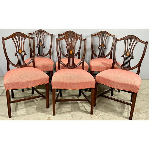 690 - SET OF SIX GOOD QUALITY SHIELD BACK DINING CHAIRS WITH INLAID PANELS