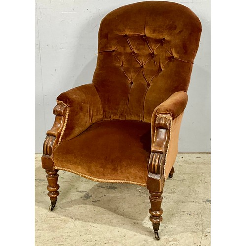 691 - BROWN BUTTON UPHOLSTERED VICTORIAN CHAIR ON CASTERS