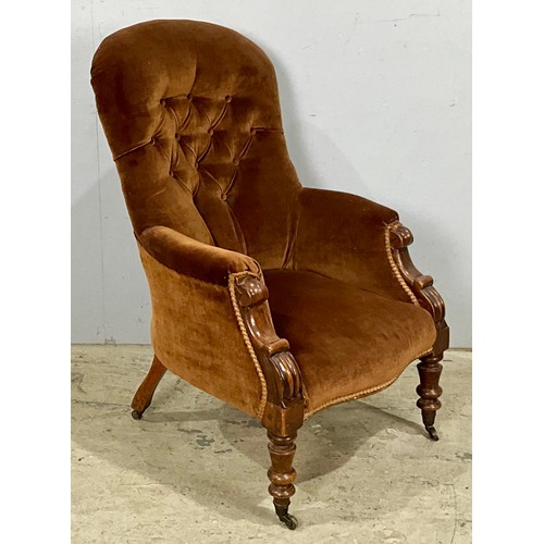 691 - BROWN BUTTON UPHOLSTERED VICTORIAN CHAIR ON CASTERS