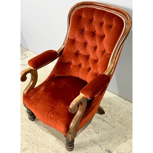 696 - GRANDFATHER TYPE BUTTON UPHOLSTERED GEORGIAN ARM CHAIR