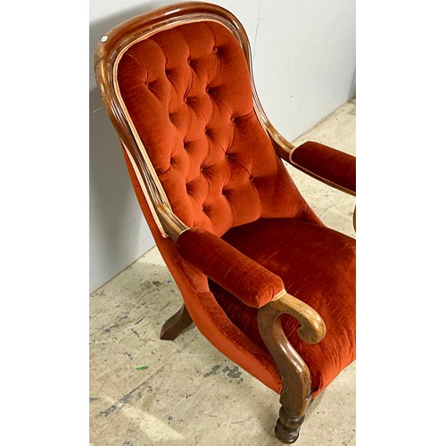 696 - GRANDFATHER TYPE BUTTON UPHOLSTERED GEORGIAN ARM CHAIR