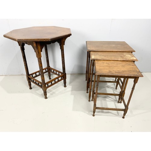 684 - NEST OF THREE TABLES TOGETHER WITH A MAHOGANY OCTAGONAL TOP OCCASIONAL TABLE