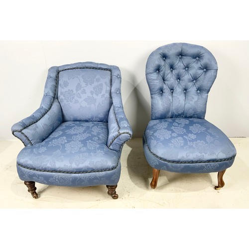 707 - TWO UPHOLSTERED CHAIRS, A VICTORIAN BUTTON BACK CHAIR AND A VICTORIAN ARMCHAIR