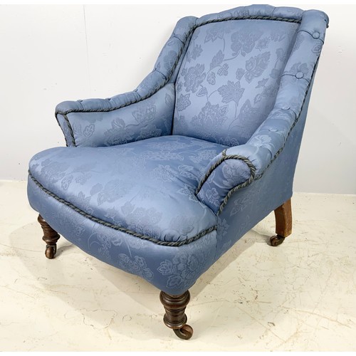 707 - TWO UPHOLSTERED CHAIRS, A VICTORIAN BUTTON BACK CHAIR AND A VICTORIAN ARMCHAIR