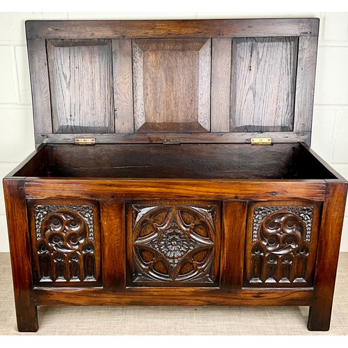 592 - CARVED OAK CHEST 103cm L x 47cm D x 53cm H