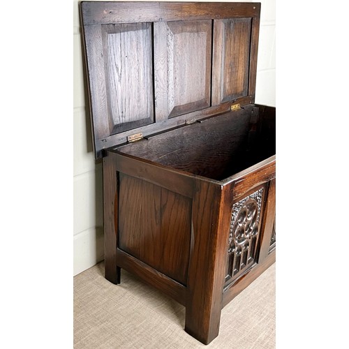 592 - CARVED OAK CHEST 103cm L x 47cm D x 53cm H