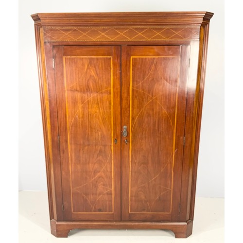 589 - STANDING INLAID MAHOGANY CORNER CUPBOARD  WITH HANGING SPACE 173cm TALL